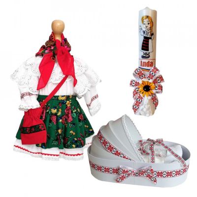 Set traditional botez fetita cu trusou botez si lumanare personalizata  cu motive traditionale Denikos® C9012 NIK5450
