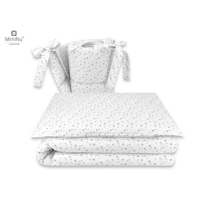 MimiNu - Lenjerie patut 3 piese, Cu protectie laterala, Mini Gray Stars, Din bumbac, Pentru patut 120x60 cm BYN6426972008228
