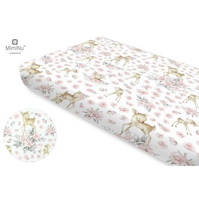 MimiNu - Cearceaf cu elastic, Din bumbac, Pentru pat 160x80 cm, Sweet Deer Pink BYN6426972009768