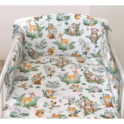 Set Lenjerie Din Bumbac Cu Protectie Laterala Pentru Pat Bebe 120 X 60 Cm, Animalute De Padure, Amy Pjb83608
