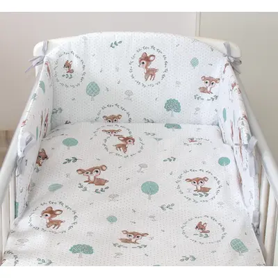 Set Lenjerie Din Bumbac Cu Protectie Laterala Pentru Pat Bebe 120 X 60 Cm, Caprioara Mica, Amy Pjb83600