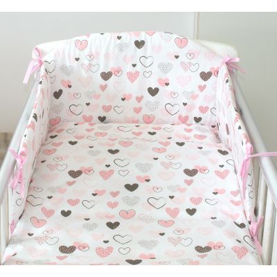 Set Lenjerie Din Bumbac Cu Protectie Laterala Pentru Pat Bebe 120 X 60 Cm, Inimioare , Amy Pjb83603