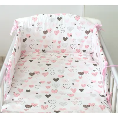 Set Lenjerie Din Bumbac Cu Protectie Laterala Pentru Pat Bebe 120 X 60 Cm, Inimioare , Amy Pjb83603