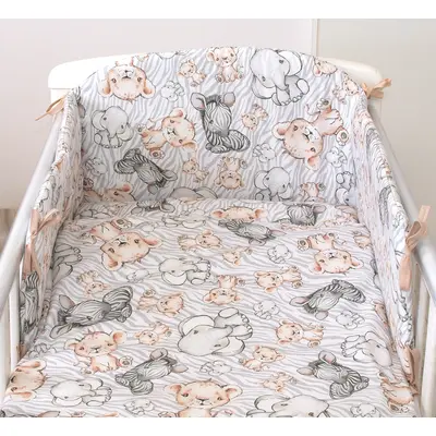 Set Lenjerie Din Bumbac Cu Protectie Laterala Pentru Pat Bebe 120 X 60 Cm, Safari Bej , Amy Pjb83599
