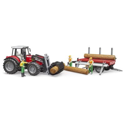 Bruder - Tractor Massey Ferguson 7480 Cu Incarcator Frontal Si Remorca Pentru Lemne ARTBR02046