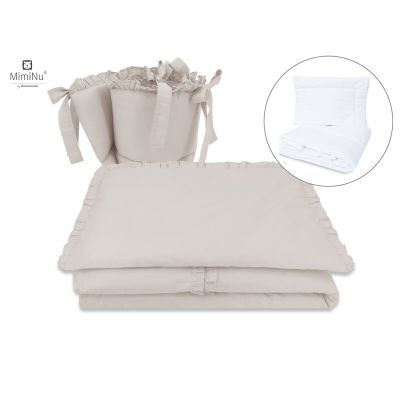 MimiNu - Set lenjerie patut 5 piese, Cu volanase, Cu pilota si perna, Din bumbac, Pentru patut 120x60 cm, Colectia Royal, Beige BYN6426972010795