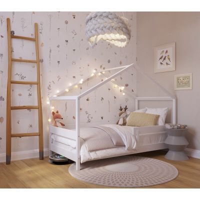 Patut tip casuta YappyHytte Bed din lemn certificat FSC, Transformabil in casuta de joaca, Cu bariera de protectie, In stil scandinav, Yappy Kids, 160x80 cm, Alb BYNYappyHytte_white