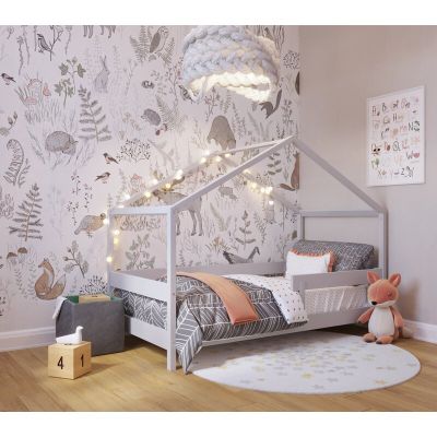 Patut tip casuta YappyHytte Bed din lemn certificat FSC, Transformabil in casuta de joaca, Cu bariera de protectie, In stil scandinav, Yappy Kids, 160x80 cm, Gri BYNYappyHytte_grey