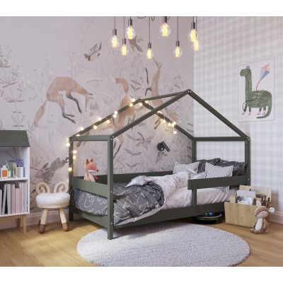 Patut tip casuta YappyHytte Bed din lemn certificat FSC, Transformabil in casuta de joaca, Cu bariera de protectie, In stil scandinav, Yappy Kids, 160x80 cm, Verde BYNYappyHytte_green