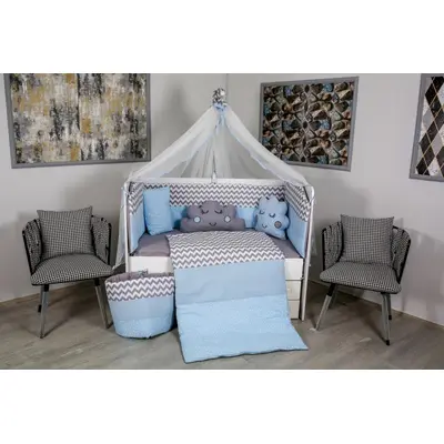 Lenjerie MyKids 10 piese Cloud gri-albastru fara baldachin 120x60 cm 00081637