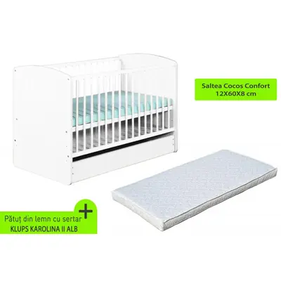 Patut cu sertar KLUPS Karolina II Alb + Saltea 8 MyKids Confort II 00009518