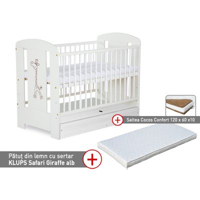 Patut cu sertar KLUPS Safari Giraffe Alb + Saltea 10 Confort II 00009573