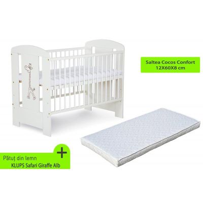 Patut fara sertar KLUPS Safari Giraffe Alb + Saltea 8 Cocos Confort II 00009554