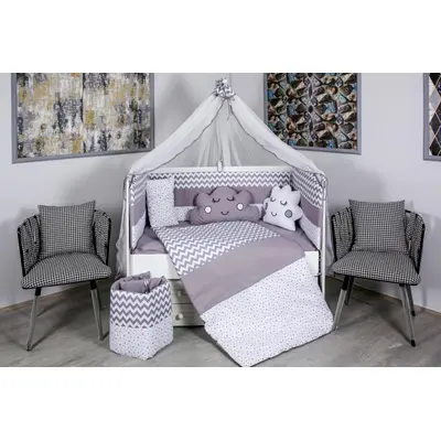 Lenjerie MyKids 10 piese Cloud gri-alb fara baldachin 120x60 cm 00081639