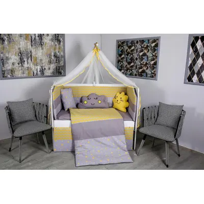 Lenjerie MyKids 10 piese Cloud gri-galben fara baldachin 120x60 cm 00081640