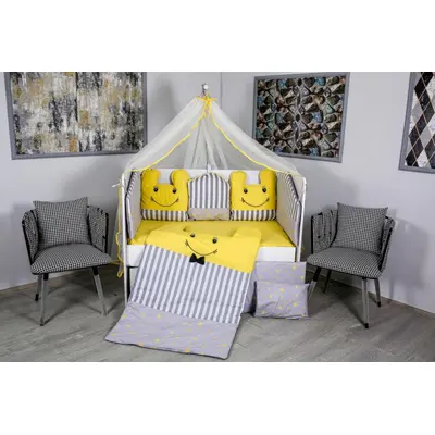 Lenjerie MyKids 11 piese Figures gri-galben cu baldachin 120x60 cm 00081648