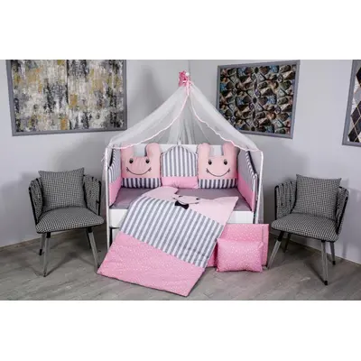 Lenjerie MyKids 11 piese Figures gri-roz  cu baldachin 120x60 cm 00081647