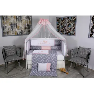 Lenjerie MyKids 10 piese Queen gri-roz cu baldachin 120x60 cm 00081650