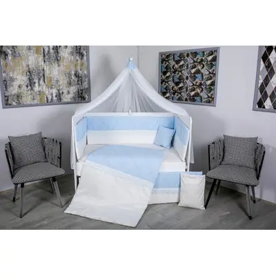 Lenjerie MyKids 11 piese Squars alb-albastru cu baldachin 120x60 cm 00081651