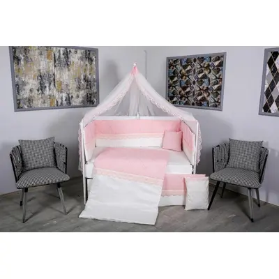 Lenjerie MyKids 11 piese Squars alb-roz cu baldachin 120x60 cm 00081652