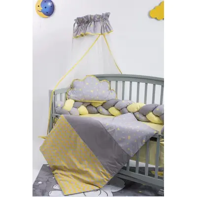 Lenjerie MyKids 8 piese Gray-Yellow cu baldachin 120x60 cm 00081664