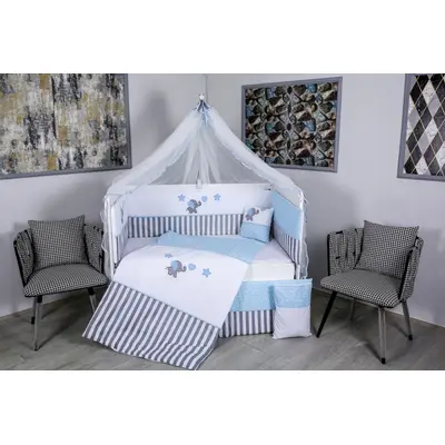 Lenjerie MyKids 9 piese Elephant gri-albastru fara baldachin 120x60 cm 00081653