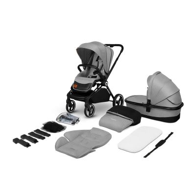 Lionelo - Carucior compact Mika, 2 in 1, Cadru din aluminiu, Cu landou intarit si salteluta moale, Reversibil, Maner ajustabil, Huse pentru picioare, Plasa de tantari, Husa de ploaie, Pana la 22 kg, Gri Deschis BYNLO-MIKA_2IN1_GREY_STONE