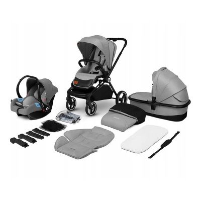 Lionelo - Carucior compact Mika, 3 in 1, Cadru din aluminiu, Cu landou intarit si salteluta moale, Scoica auto, Reversibil, Maner ajustabil, Huse pentru picioare, Plasa de tantari, Husa de ploaie, Pana la 22 kg, Gri Deschis BYNLO-MIKA_3IN1_GREY_STONE