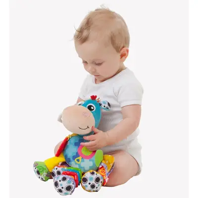 Jucarie mare pentru carucior, scoica auto si patut, Cu jucarie de dentitie, Cu sunete, Activity Friend Clip Clop, 39 cm, Playgro BYN816456