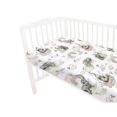 Qmini - Cearceaf cu elastic pentru patut 140x70 cm, Din bumbac, Elephants on Rainbow BYN6426972015233