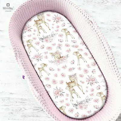 MimiNu - Cearceaf cu elastic pentru landou, carucior si cosulet, Dimensiune 80x45 cm, Din bumbac, Sweet Deer Pink BYN6426972013598