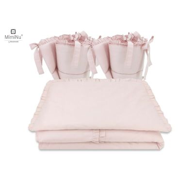 MimiNu - Lenjerie patut cu 4 piese, Cu doua protectii laterale, Cu volanase, Colectia Royal, Powder Pink, Din bumbac, Pentru patut 120x60 cm BYN6426972014748