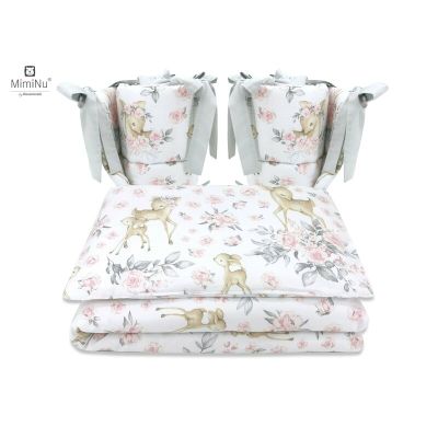 MimiNu - Lenjerie patut cu 4 piese, Cu doua protectii laterale, Sweet Deer Pink, Din bumbac, Pentru patut 120x60 cm BYN6426972014694