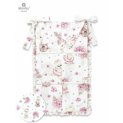 MimiNu - Organizator pentru patut, Din bumbac, Cu 6 compartimente, Cu doua panglici, 70x40 cm, Cu volanase, Design, Pink Ballerina BYN6426972014427