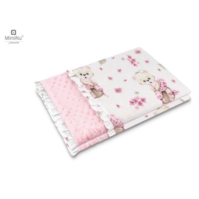 MimiNu - Paturica pufoasa cu doua fete, Cu volanas, Dimensiune 75x100 cm, Din tesatura minky si bumbac, Design, Pink Ballerina BYN6426972013086