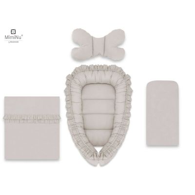 MimiNu - Set 4 in 1 Cosulet bebelus Baby Cocoon 90x50 cm, Cu volanase, Husa 100% bumbac, Cu paturica cu volanase 50x70 cm, Cu salteluta 60x32 cm, Cu perna fluture 40x27 cm, Colectia Royal, Beige BYN6426972012553
