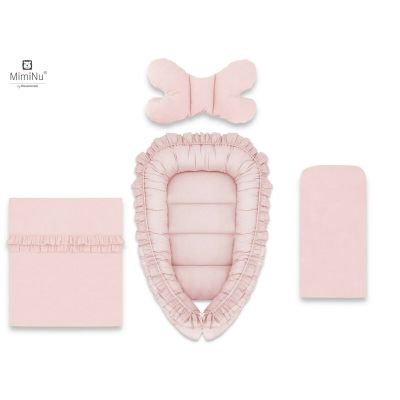 MimiNu - Set 4 in 1 Cosulet bebelus Baby Cocoon 90x50 cm, Cu volanase, Husa 100% bumbac, Cu paturica cu volanase 50x70 cm, Cu salteluta 60x32 cm, Cu perna fluture 40x27 cm, Colectia Royal, Powder Pink BYN6426972012560