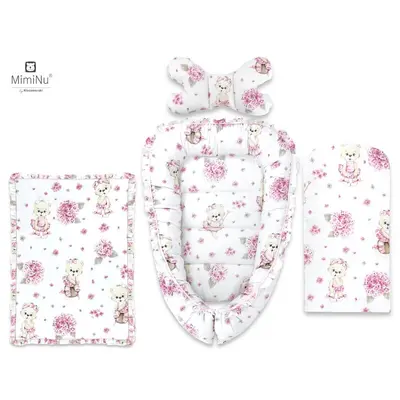 MimiNu - Set 4 in 1 Cosulet bebelus Baby Cocoon 90x50 cm, Cu volanase, Husa 100% bumbac, Cu paturica cu volanase 50x70 cm, Cu salteluta 60x32 cm, Cu perna fluture 40x27 cm, Design, Pink Ballerina BYN6426972012577