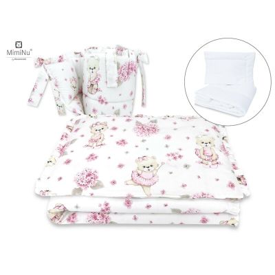 MimiNu - Set lenjerie patut 5 piese, Cu volanase, Cu pilota si perna, Din bumbac, Pentru patut 120x60 cm, Design, Pink Ballerina BYN6426972012621
