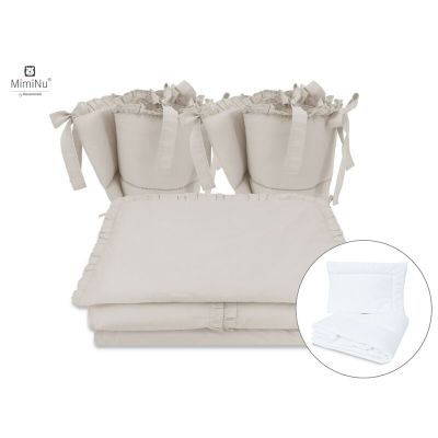 MimiNu - Set lenjerie patut cu 6 piese, Cu volanase, Cu pilota si perna, Cu doua aparatori laterale, Din bumbac, Pentru patut 120x60 cm, Colectia Royal, Beige BYN6426972014946