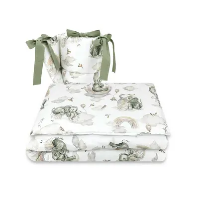 Qmini - Lenjerie patut 3 piese, Cu protectie laterala, Din bumbac, Pentru patut 120x60 cm, Elephants on Rainbow BYN6426972015394