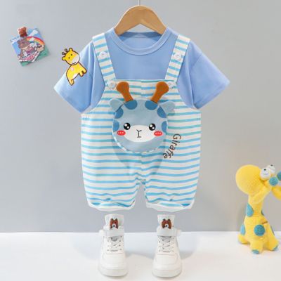 Costumas pentru baietei cu tricou si salopeta - Blue giraffe MDXQ1892-3-dg