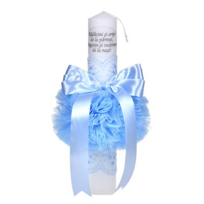 Lumanare botez cu mesaj decor bleu baiat cu fundita si dantela, Denikos® C1034 NKO5712