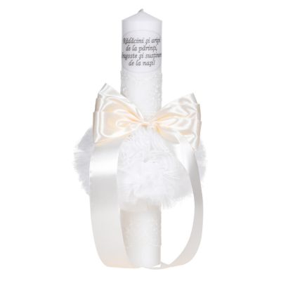 Lumanare botez cu mesaj unisex decor crem / ivoire, cu fundita si dantela, Denikos® C1033 NKO5711