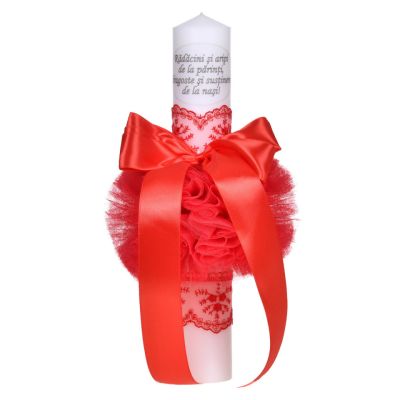 Lumanare botez cu mesaj fata decor rosu, cu fundita si dantela, Denikos® C1039 NKO5716