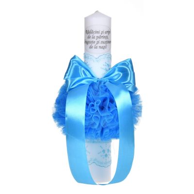 Lumanare botez cu mesaj baietel decor turcoaz, cu fundita si dantela, Denikos® C1040 NKO5718