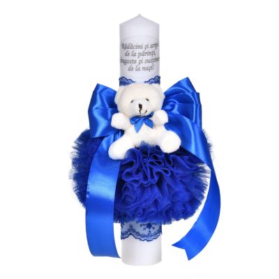 Lumanare botez cu mesaj decor albastru pentru baieti cu fundita, dantela si ursulet Denikos® C1047 NKO5725