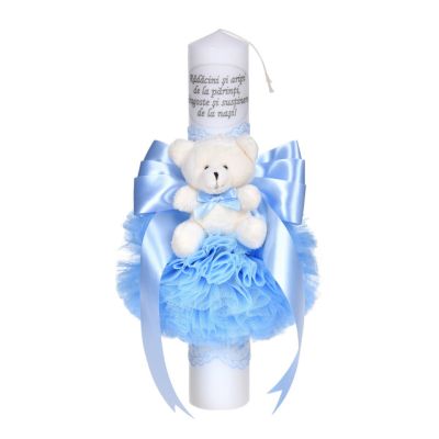 Lumanare botez cu mesaj decor bleu cu fundita pentru baietel cu dantela si ursulet Denikos® C1046 NKO5724