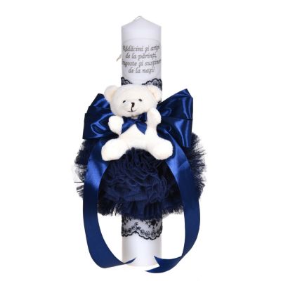 Lumanare botez cu mesaj decor bleumarin pentru baietei cu fundita, dantela si ursulet Denikos® C1045 NKO5723