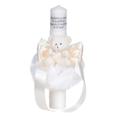 Lumanare botez cu mesaj decor ivoire, cu fundita unisex si dantela cu ursulet Denikos® C1049 NKO5727
